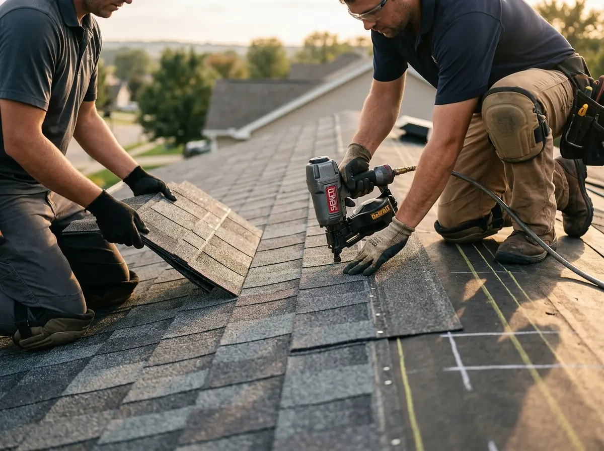 Professional roofer working on a residential roof in Louisville